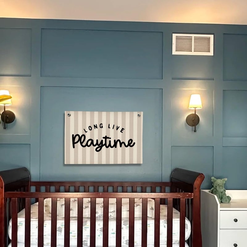 ShowDraven Playroom Decor, Long Live Playtime Wall Hanging Linen Banner, Blue Striped Wall Flag for Kids Room Nursery Playroom Decor, 20x30 Inch-Black - Image 5